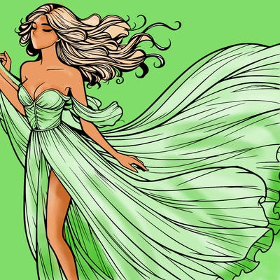 realistic woman in dress flowing the the wind