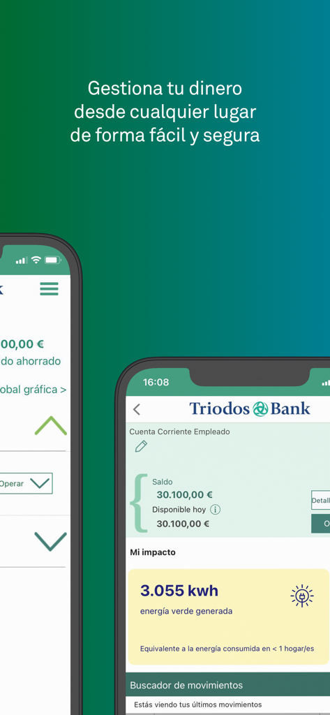 Triodos Bank mobile app interface showing account balance and green energy impact tracking