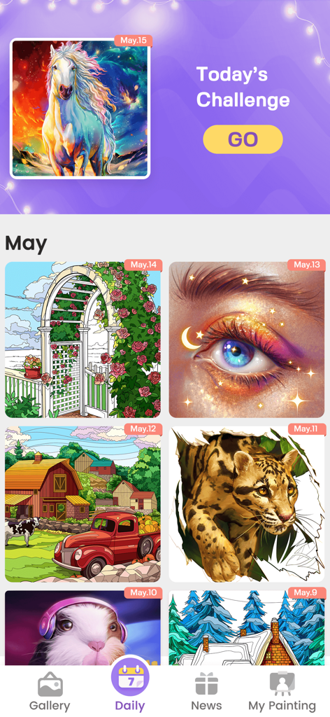 Tap Color Proアプリの毎日の塗り絵チャレンジと芸術的なページ
