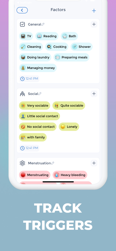 BPD Tracker - BPD Tracker app interface showing options to track daily activities social interactions and menstruation factors