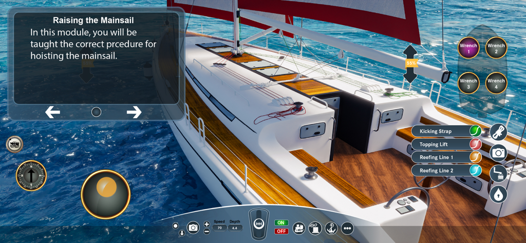 Captura de pantalla de un simulador de navegación realista que muestra el módulo instructivo para izar la vela mayor en un velero moderno.