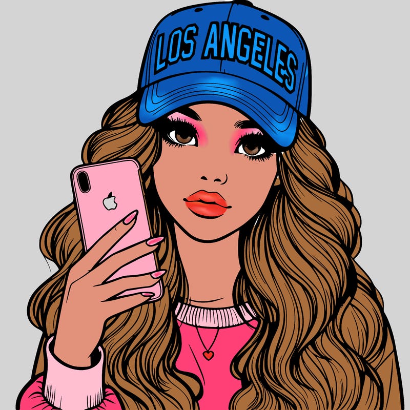 realistic beautiful girl wearing los ángeles cap holding an iphone