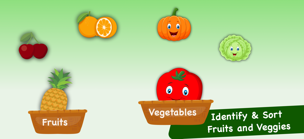 Educational sorting game for toddlers to identify and categorize fruits and vegetables into baskets