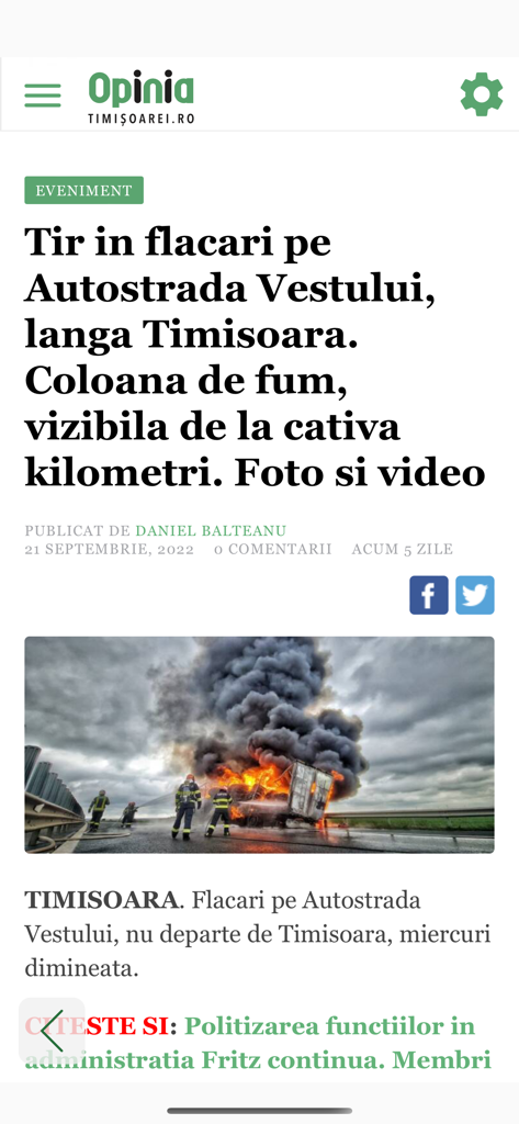 Opinia Timisoarei - Screenshot di un articolo di notizie sull'app Opinia Timișoarei che mostra un incendio di un camion sull'autostrada.