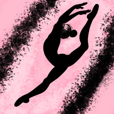 gymnast doing a leap in a leotard with a bent back leg