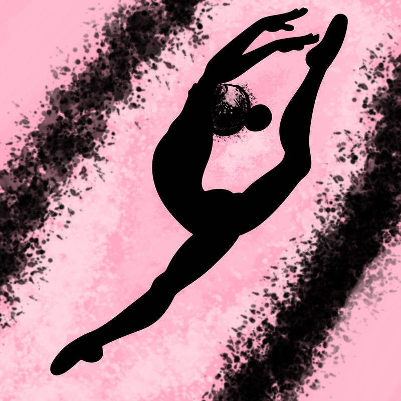 gymnast doing a leap in a leotard with a bent back leg