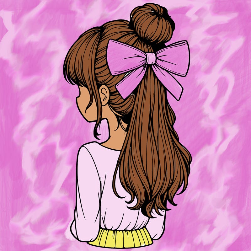 realistic girl  with hip length hair a bun and a big bow on the back of head