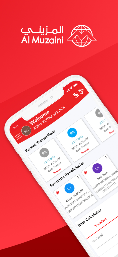 AL MUZAINI mobile app dashboard showing recent money transfer transactions and favorite beneficiaries