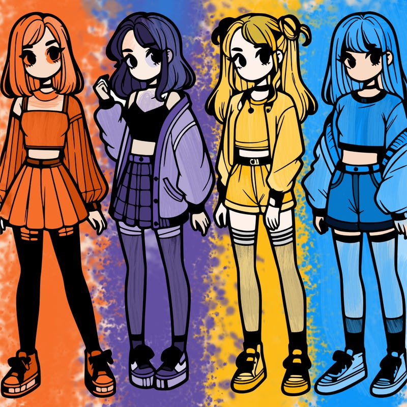 one girl with crop-top shirt and a jacket with a skirt, long socks and another girl with a shirt and pants with a jacket