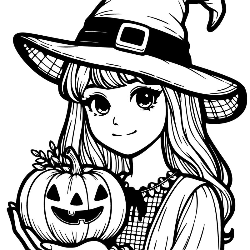 a cute realistic woman wearing a witches hat holding a pumpkin