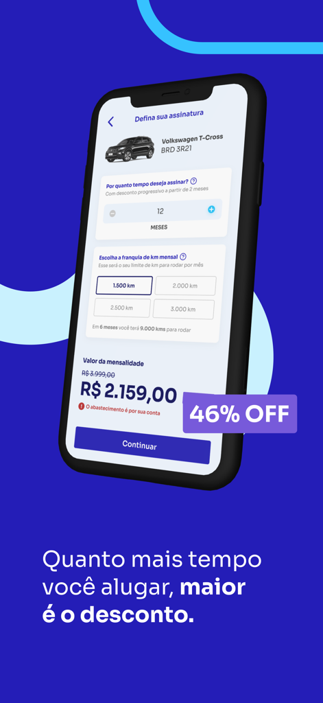 A mobile app screen showing a flexible car subscription plan for a Volkswagen T-Cross with a forty-six percent discount