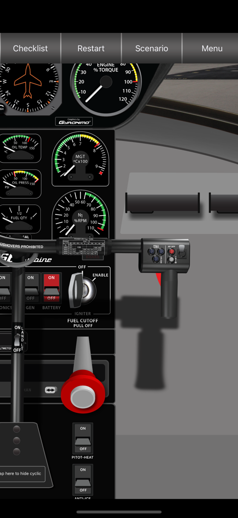 R66 Cockpit Trainer - Interface detalhada do simulador de cabine do helicóptero Robinson R66 mostrando instrumentos e controles de voo