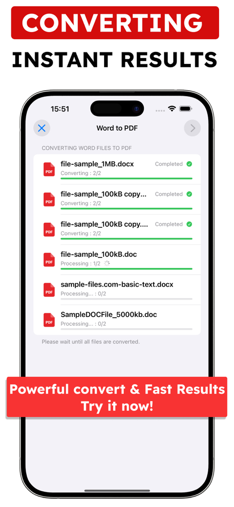 iPhoneで複数のドキュメントのバッチ変換を示すWordからPDFへの変換アプリのインターフェイス