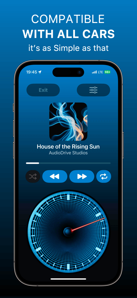 AudioDrive: Drive & Make Music - Interfaz de la aplicación móvil AudioDrive que muestra la compatibilidad del coche y el panel del reproductor de música interactivo