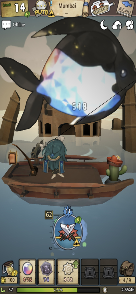 A Girl Adrift - A girl on a small wooden boat fishing a giant prismatic whale in a submerged world