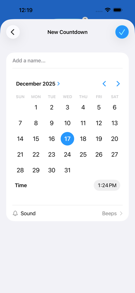 Interfaz para configurar un nuevo temporizador de cuenta atrás con selección de calendario y hora en la aplicación Timer+