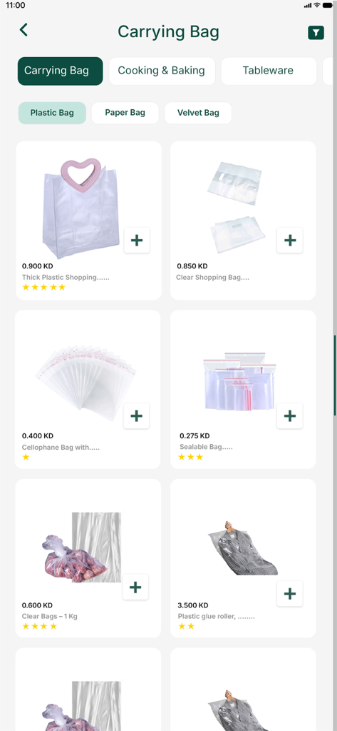 Akyas Packaging Solutions - Mobile app interface for Akyas Packaging showing a catalog of carrying bags including plastic and cellophane options with prices for small businesses