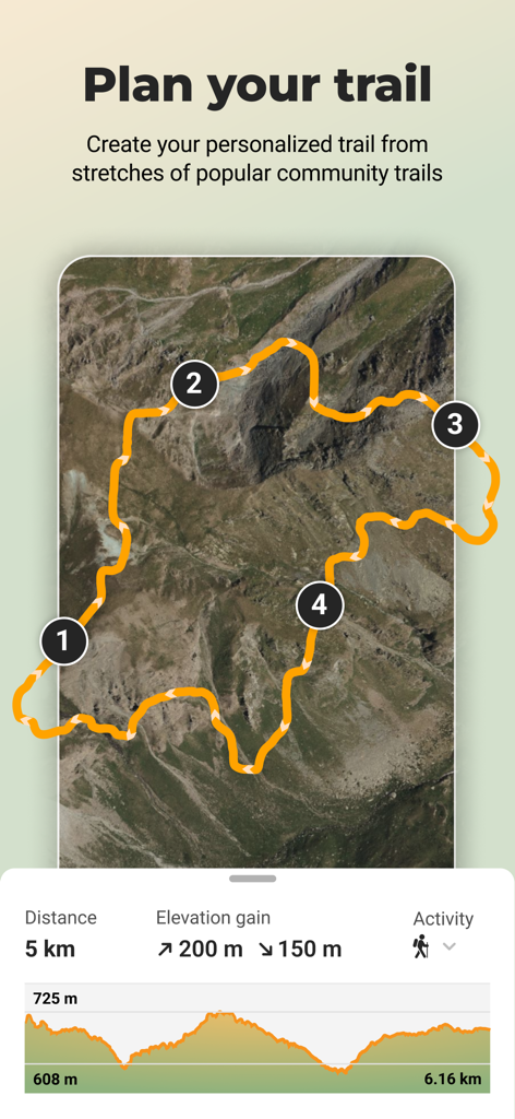 Wikiloc app showing a personalized trail plan with map waypoints and elevation graph