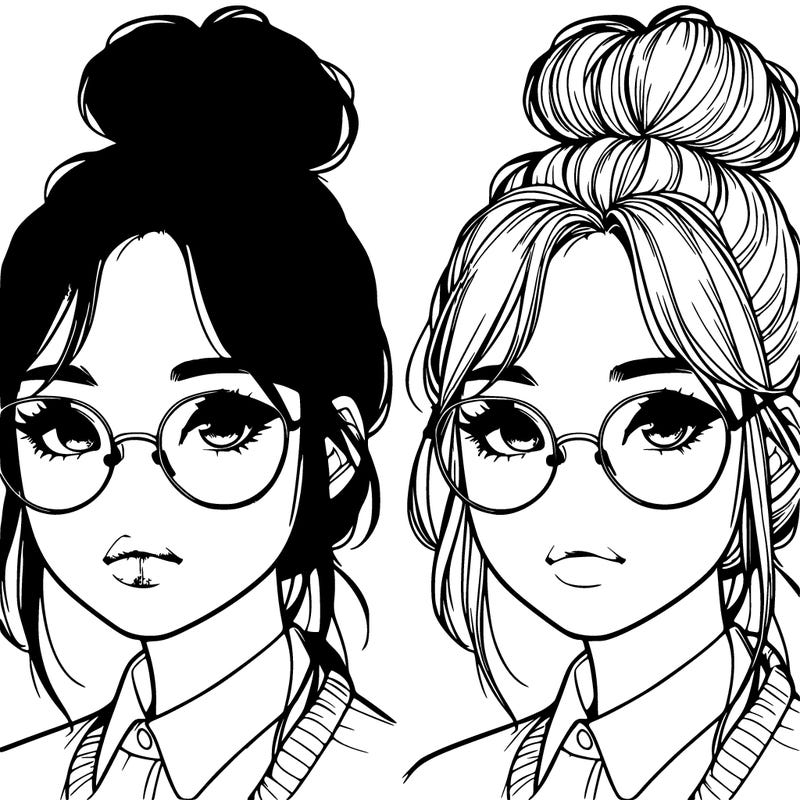 realistic korean girl with a bun and glasses
