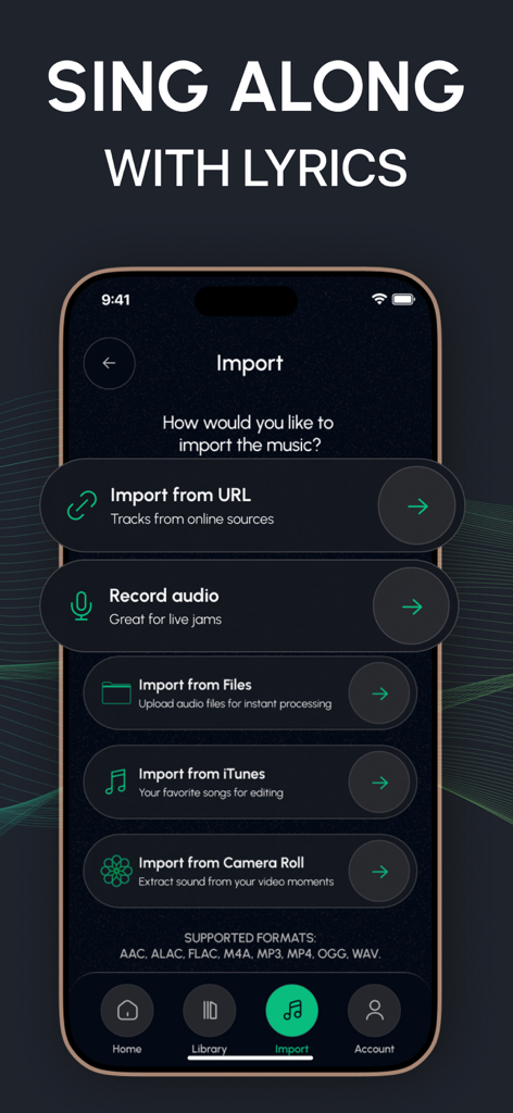Stem Splitter  Voice Isolation - A tela de importação de música do aplicativo Stem Splitter com opções para importar de URL, gravar áudio ou arquivos