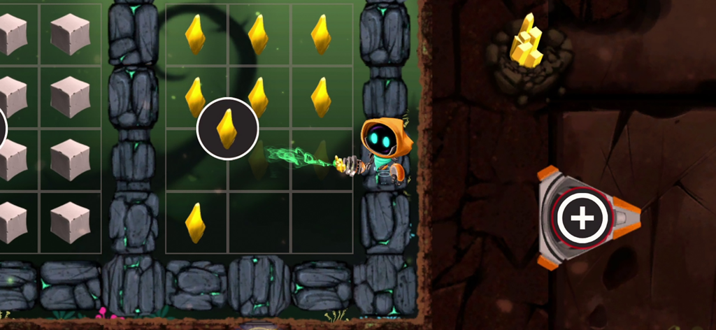 Illuminaria - Un personaje robot encapuchado en el juego Illuminaria extrayendo cristales amarillos en un diseño de cuadrícula.