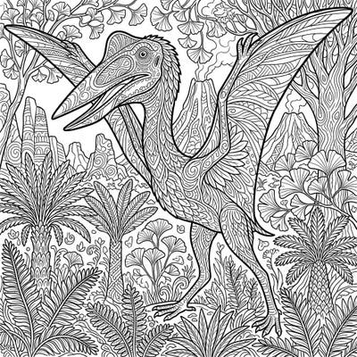 Explore the ancient world with this stunning Hatzegopteryx adult coloring page, designed with intricate patterns for a deeply engaging experience. Dive into a prehistoric landscape filled with detailed flora and a magnificent flying reptile, perfect for mindful relaxation.