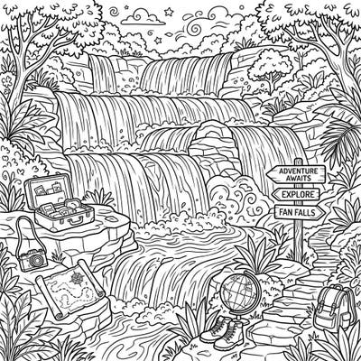 Immerse yourself in a journey to stunning Fan Waterfalls, where nature's beauty meets the thrill of travel. This detailed coloring page invites you to imagine a grand vacation filled with exploration and scenic wonders.