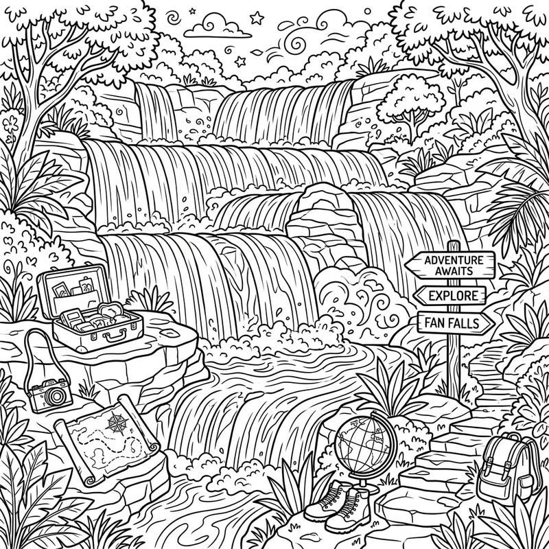 Immerse yourself in a journey to stunning Fan Waterfalls, where nature's beauty meets the thrill of travel. This detailed coloring page invites you to imagine a grand vacation filled with exploration and scenic wonders.