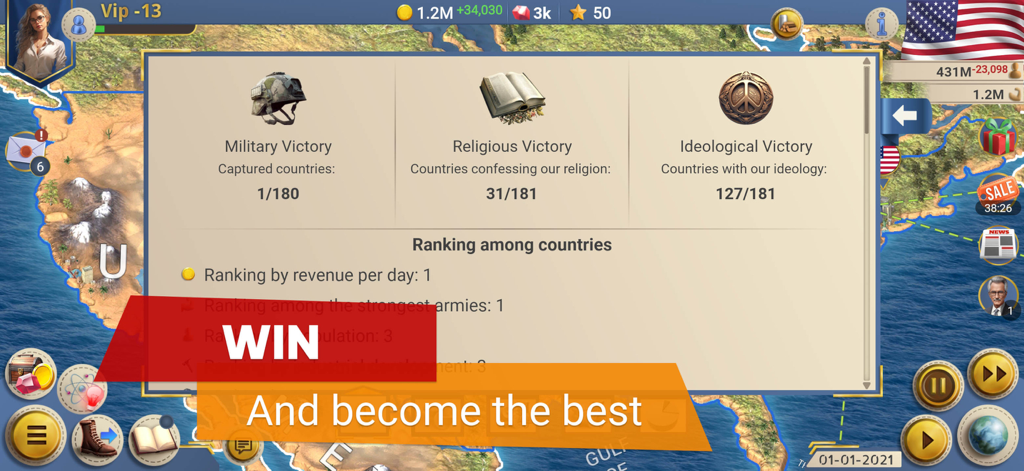 Victory and ranking screen in Modern Age 2 President Simulator showing military religious and ideological progress