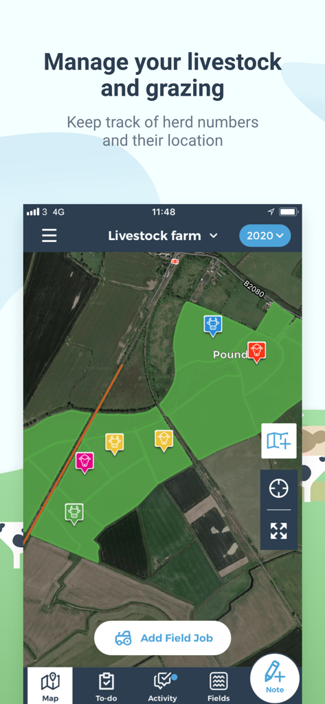 Schermata dell'app mobile che mostra una mappa satellitare di un'azienda agricola con i segnaposto della posizione del bestiame e i campi di pascolo evidenziati