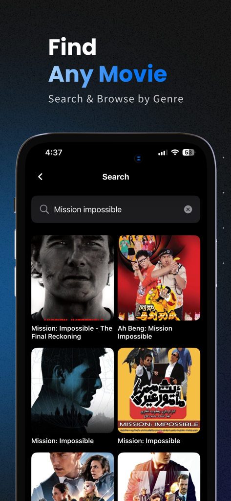 A search screen in the MovieBox app showing movie results for Mission Impossible