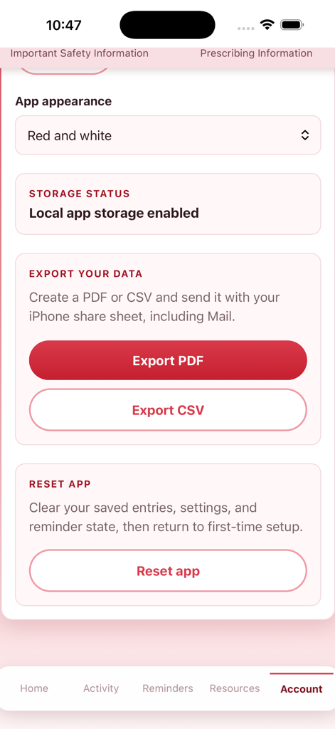 DoseTrack Injection Log - The account settings screen of the DoseTrack app showing data export buttons and local storage status