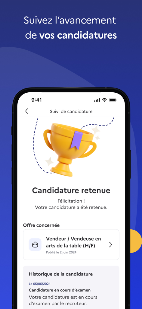 Parcours Emploi France Travail - France Travail app interface showing a successful job application status with a trophy icon.