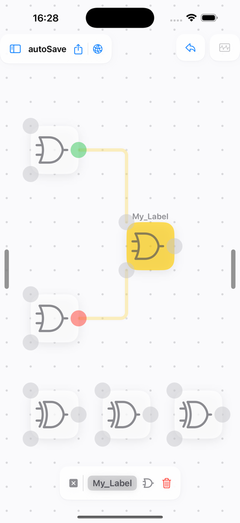 LogicalArt - Logic Gate Sim - Digital logic gate simulator interface showing connected OR and XOR gates on a grid