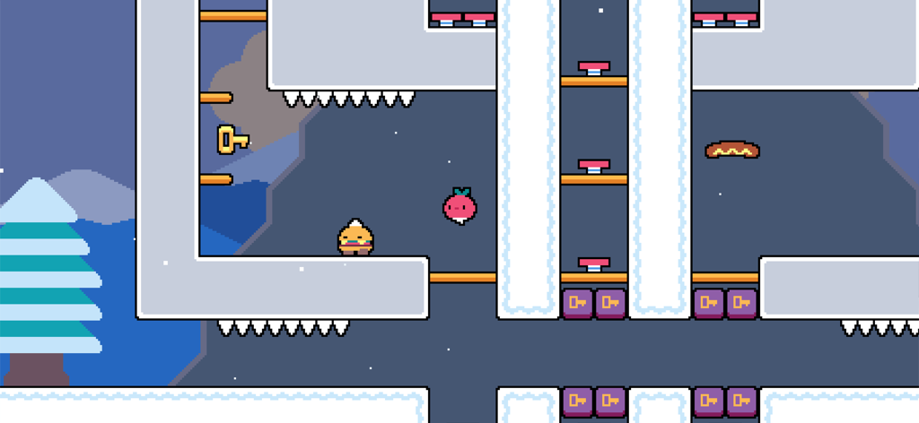 Dadish - Dadish the radish character in a snowy pixel art level with fast food enemies