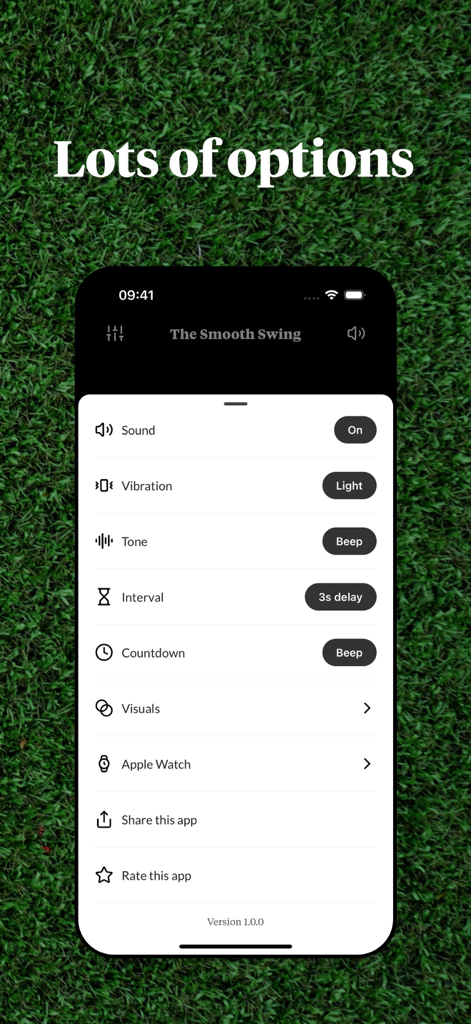 Smooth Swing アプリの設定画面。サウンド、振動、ゴルフテンポの間隔のカスタマイズオプションが表示されています。