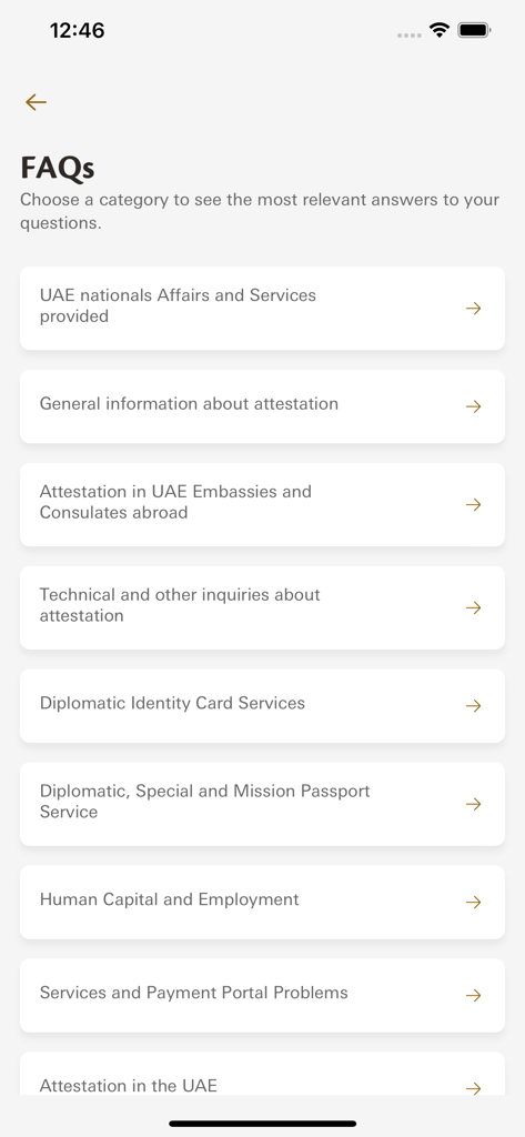 FAQ section of the UAE MOFA mobile app listing categories for attestation, diplomatic services, and passport information.