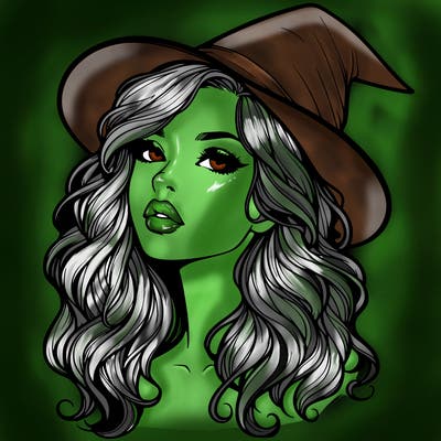 realistic witch girl with wavy hair and lips
