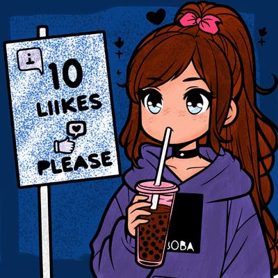 girl with a high ponytail and a hoodie drinking boba staring at a sign saying 10 likes please