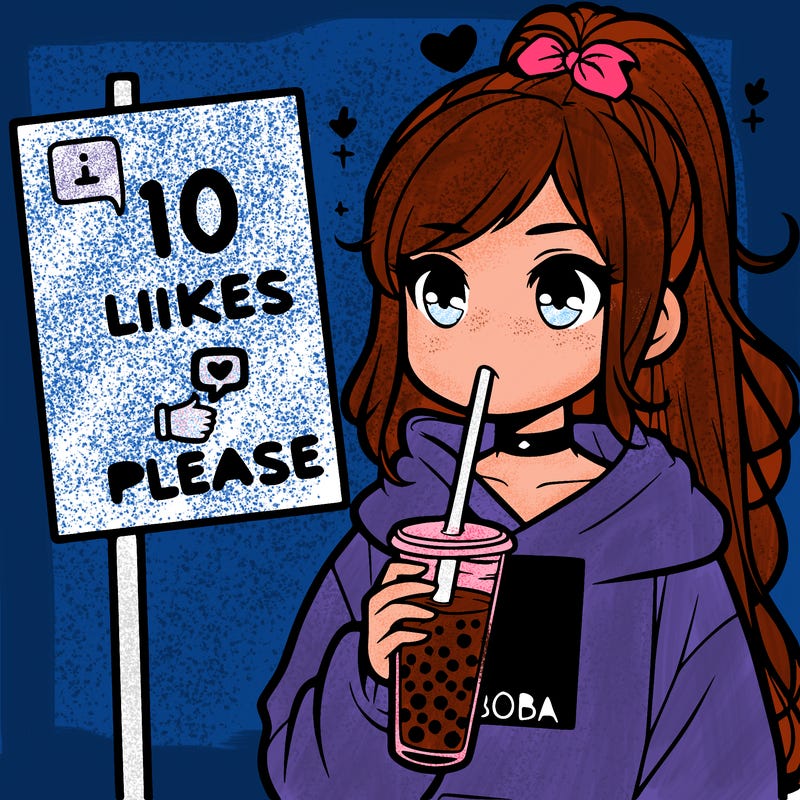 girl with a high ponytail and a hoodie drinking boba staring at a sign saying 10 likes please