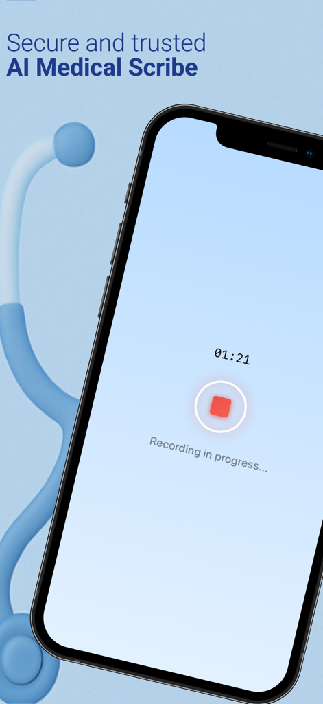 Docscribe - AI Medical Scribe - Interfaz de la aplicación Docscribe que muestra una sesión de grabación segura del asistente médico IA en curso en un iPhone.