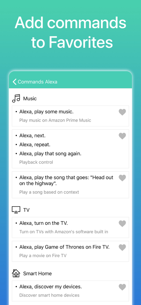 お気に入りにマークを付ける機能付きの、音楽やスマートホーム向けのAlexa音声コマンドのリスト