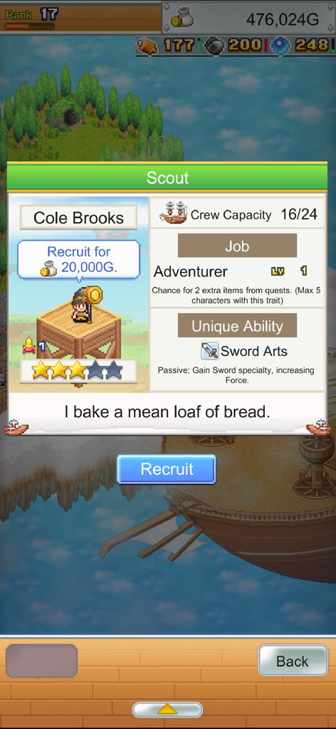 Character recruitment interface in Skyship Quest Story showing stats for an adventurer crew member