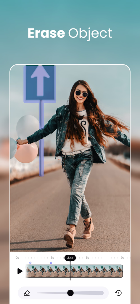 A video editing interface showing the AI object removal tool erasing a road sign from a clip