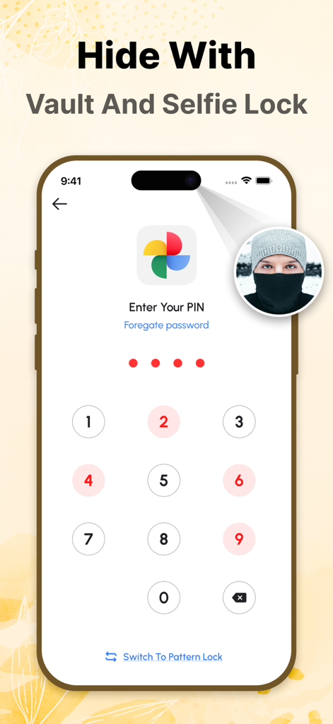Gallery - Hide Photo Vault - Una pantalla de teléfono móvil que muestra una interfaz de bloqueo PIN para la aplicación Galería con una función de detección de selfie de intrusos.