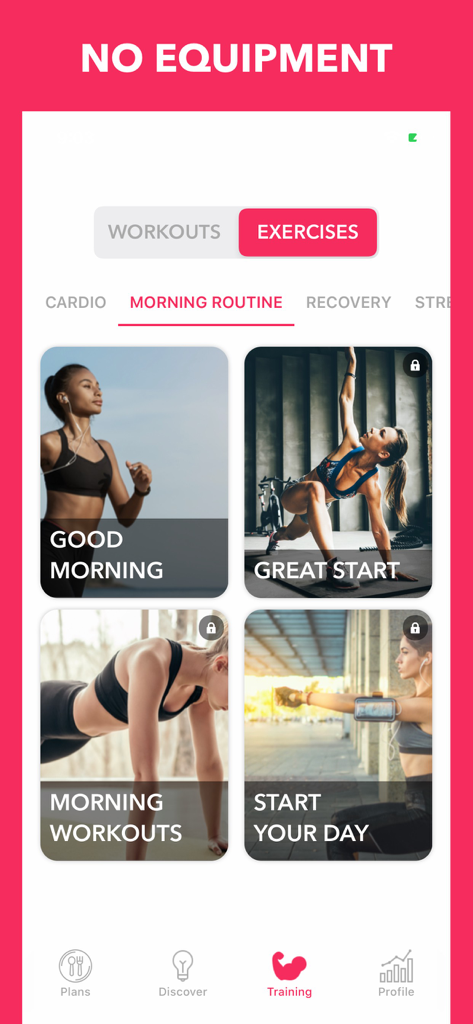 Easy Home Workout Women NO GYM - Easy Home Workout app screen showing morning exercise routines for women without equipment.