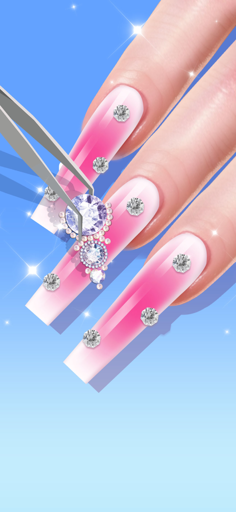 Nail Salon - Girl Art Game - 트위저가 길고 핑크색과 흰색 옴브레 네일에 다이아몬드 보석을 놓는 디지털 매니큐어 게임