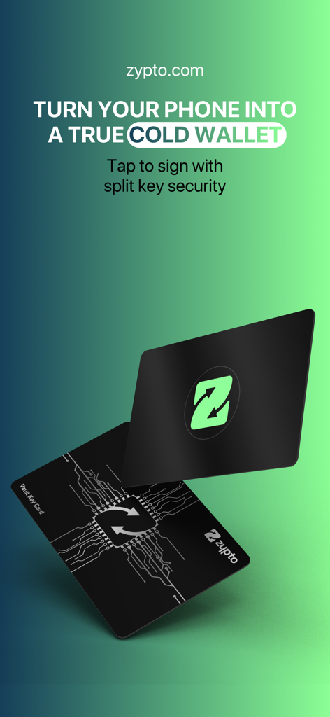 Zypto Crypto & Bitcoin Wallet - Two black Zypto Vault Key Cards featuring NFC technology for cold wallet security on a green background.
