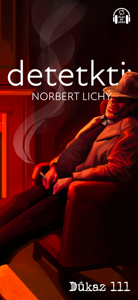 Důkaz 111 - Personaje detective sentado en un sillón para el juego de audio Evidence 111.