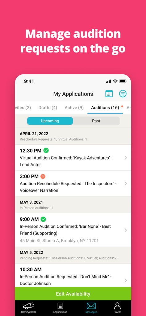 StarNow Audition Finder - Mobile interface of the StarNow app showing a list of upcoming auditions and application statuses